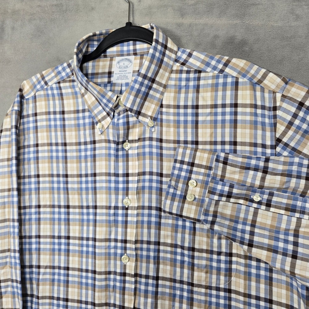 Brooks‎ Brothers Shirt Mens L Blue Beige brown plaid